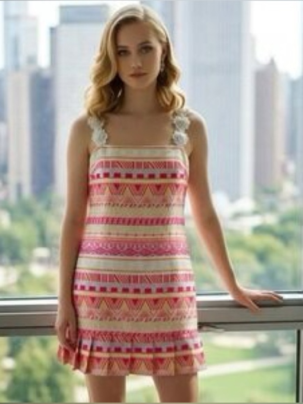 Laundry by Shelli Segal Pink and Silver Geometric Dress NWT